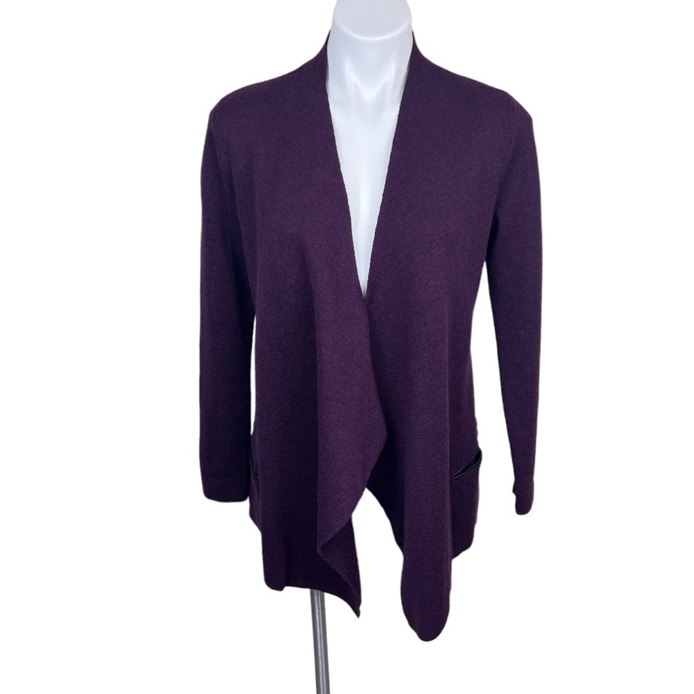 Eileen Fisher Open Front Merino Wool Sweater Jacket Leather Details S Women’s